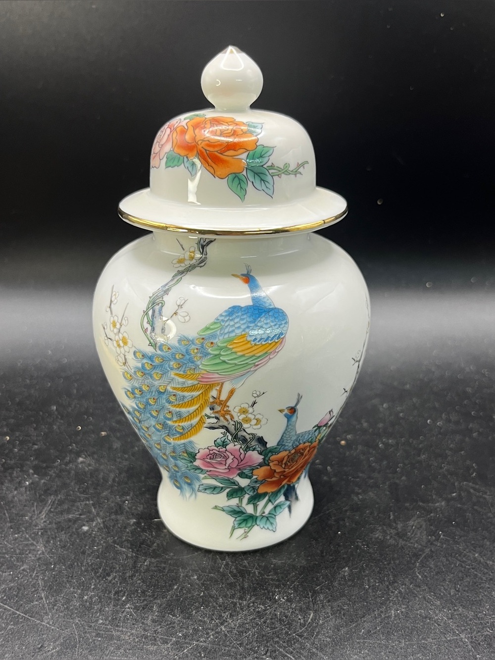 Vtg Japanese Fine China Ginger Jar Vase Lid Peacock Floral Cherry Blossom Gold